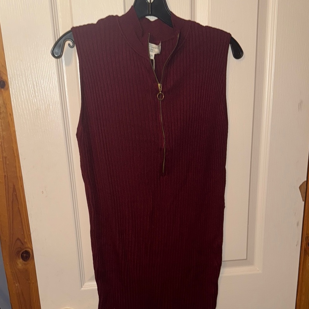 Red Sleeveless Sheath Midi Dress with Mock Neck
